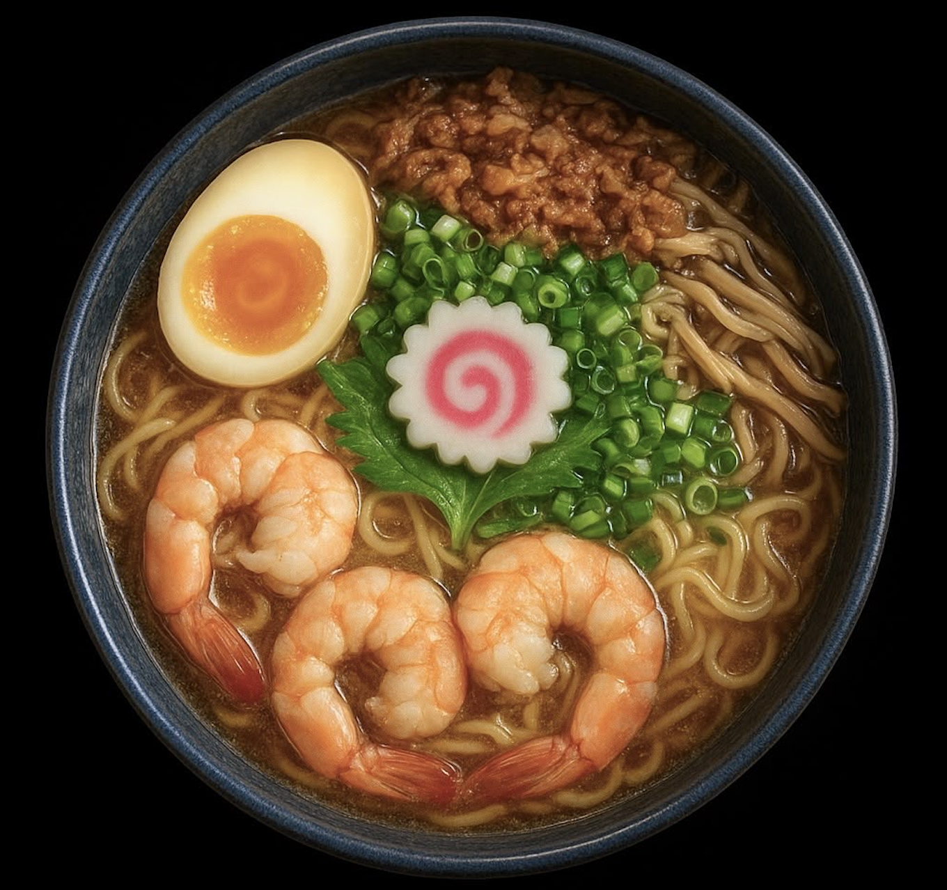 Ramen cu creveți, ou și narutomaki